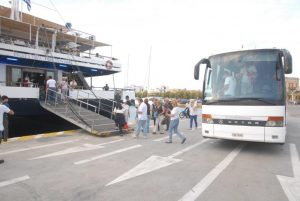 Passengers boarding cruise ship at Athens port for 1 day cruise to Hydra Poros and Aegina islands