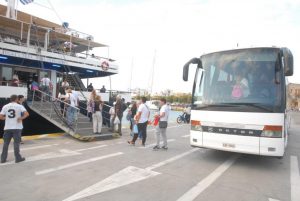 Passengers boarding cruise ship at Athens port for 1 day cruise to Hydra Poros and Aegina islands