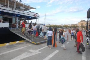 Passengers boarding cruise ship at Athens port for 1 day cruise to Hydra Poros and Aegina islands