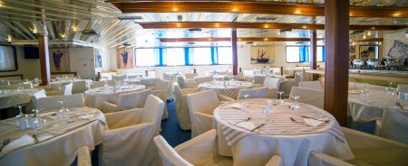 Interior dining area aboard the Athens one-day cruise boat to Hydra, Poros and Aegina