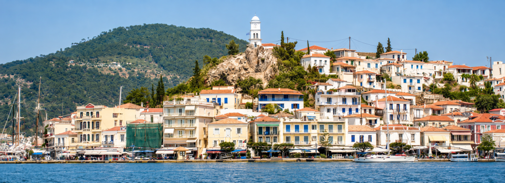 Poros Island Greece harbour and Clock Tower