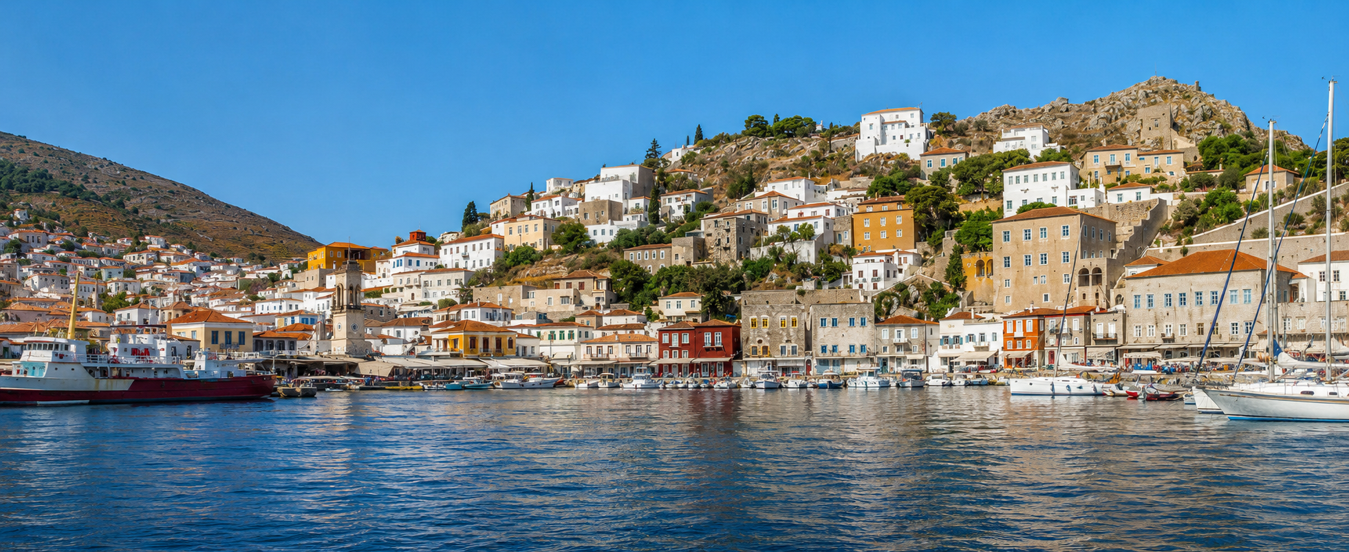 Hydra Island Greece harbor and traditional architecture