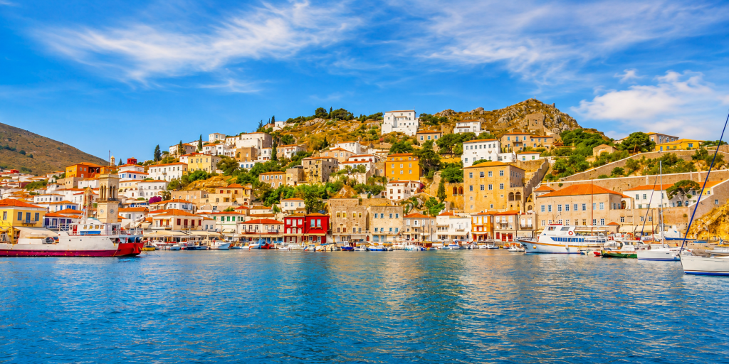 Hydra Island Greece harbor and hillside town