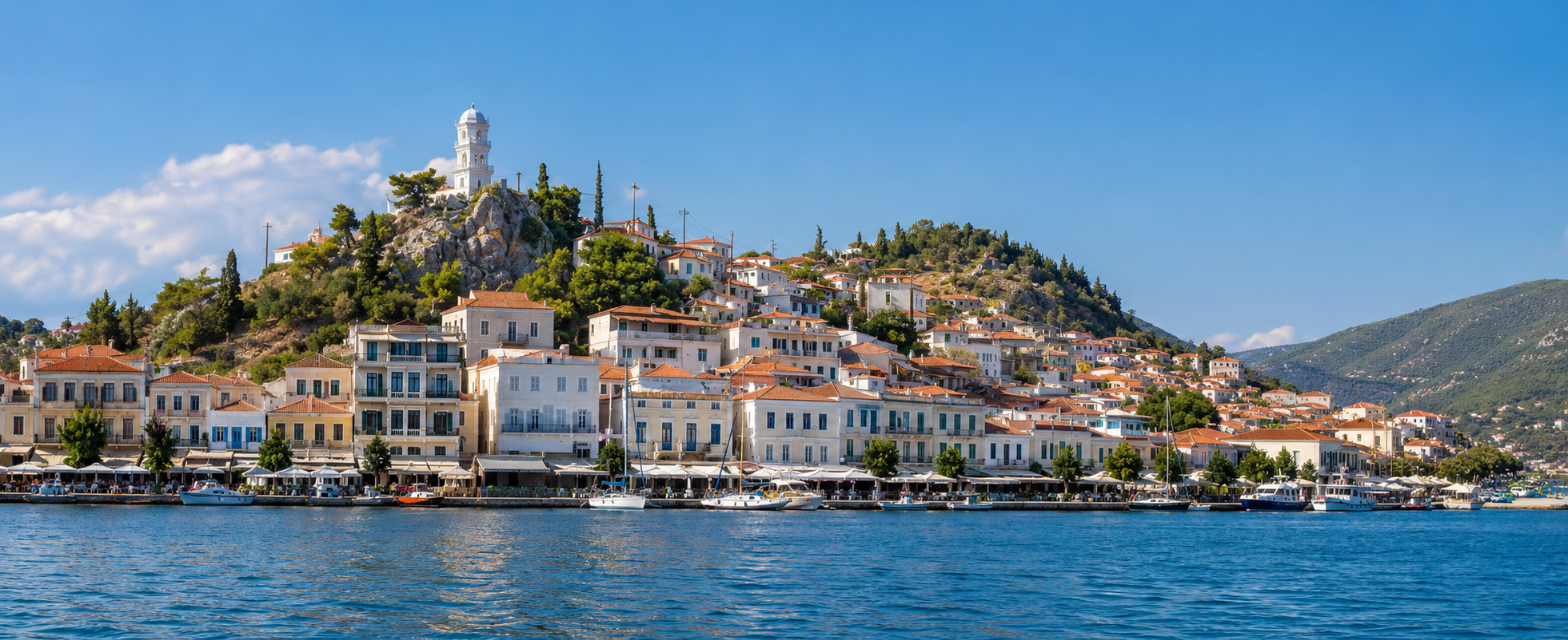 Poros Island Greece harbor and clock tower