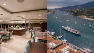 Interior lounge of the Cosmos cruise ship and aerial view of Hydra Island during an Athens day cruise in Greece